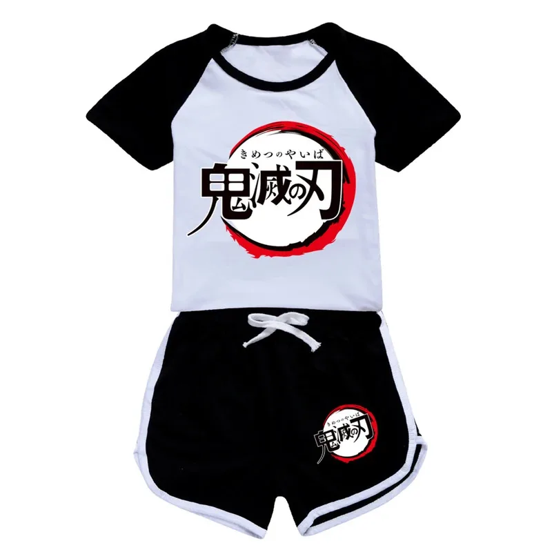 

qq28LQДетские футболки с короткими рукавами в стиле аниме «Убийца демонов» для мальчиков и девочек, летние модные пижамы, футболка + шорты, 2 шт., спортивная одежда, детская одежда