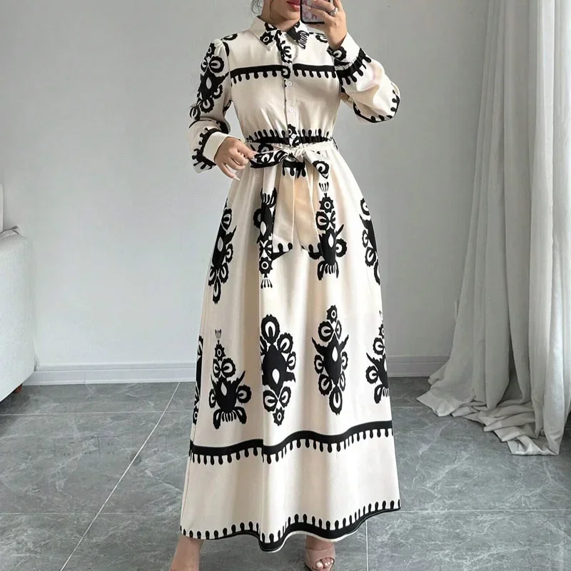 Mode Langarm Kleider für Frauen Drehen Unten Kragen Druck Frauen Kleid Schärpen A-LINE Kleid Frauen Vestidos De Verano Mujer Q115