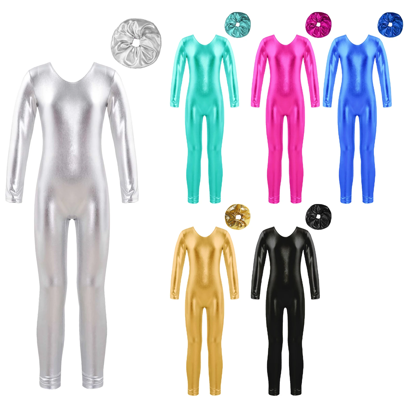 Kids Girls Ballet Dance Unitard Metallic Shiny Long Sleeve Jumpsuit for Gymnastics Dancing Class Training Bodysuits Leotard