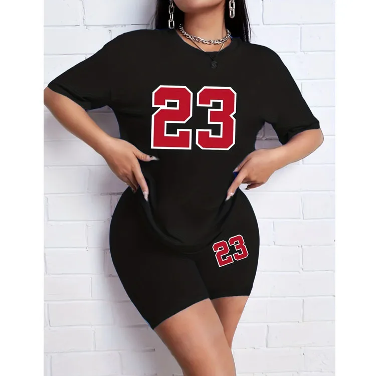 

2pcs Casual Sports Set, Number 23 Print Round Neck Short Sleeves T-shirt & Running Workout Shorts Suit, Women's Activewear