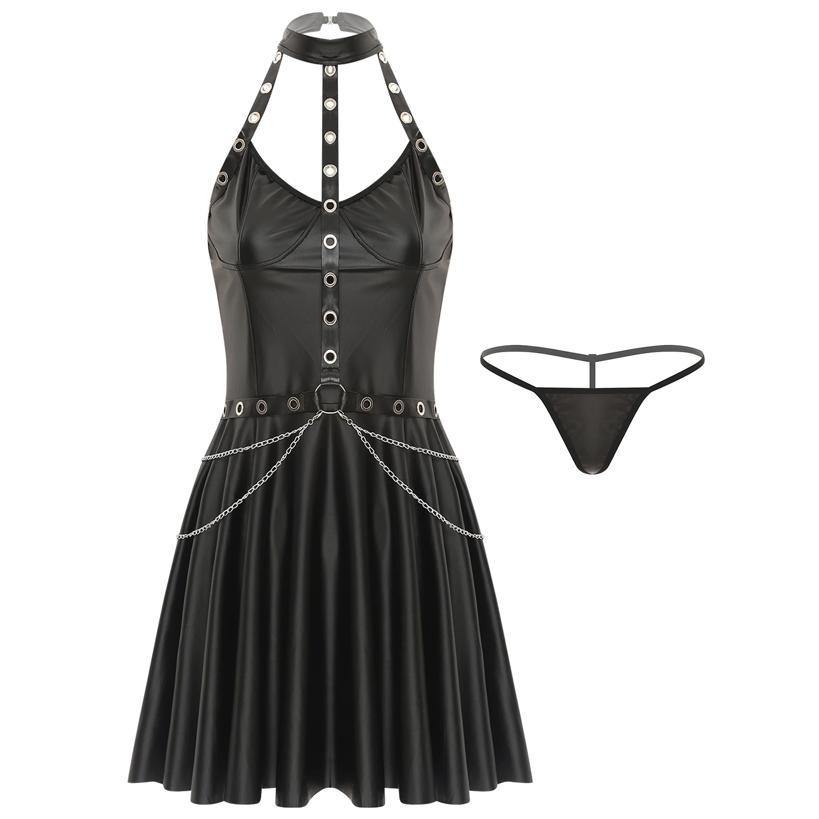 

Sexy Hot Women Pu Leather Dress with T-Back Briefs Set Eyelet Straps Chain A-Line Cool Mini Dress for Party Club Casual Costume