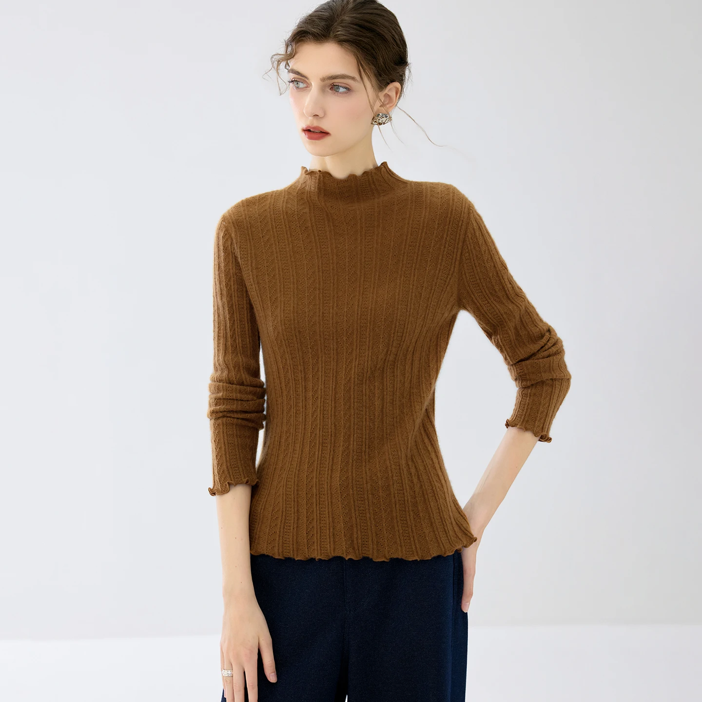 Women's Cashmere Knit Pullover Autumn Winter Ruffled Mock Neck Vertical Ribbed Cable Knit Daily Versatile Long Sleeve Knit Top