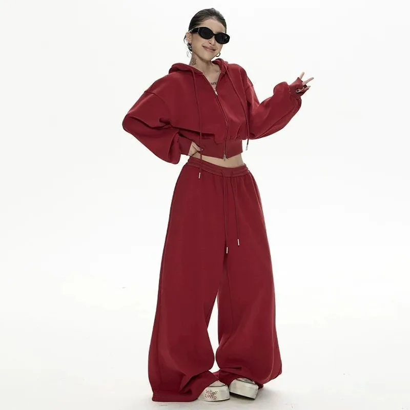 

Y2k Спортивный костюм Женская свободная толстая укороченная куртка с капюшоном и широкими штанинами с высокой талией Американский спортивный костюм