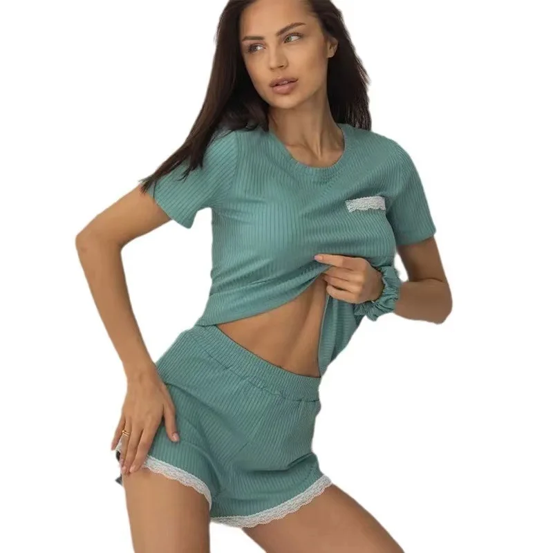 Pajamas Set Women's T-shirts Shorts Lace Comfortable Casual Tight Fitting Loungewear 2-piece Sexy Sleepwear