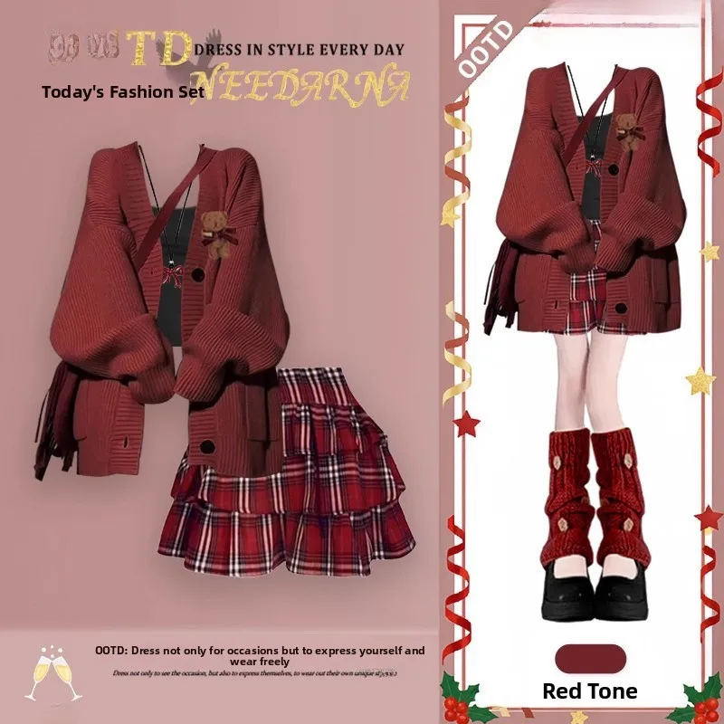 

Красный комплект Cisas на Хэллоуин, свитер, пальто, комплект из двух предметов, осенне-зимняя модная женская одежда, студенческая одежда с высокой талией