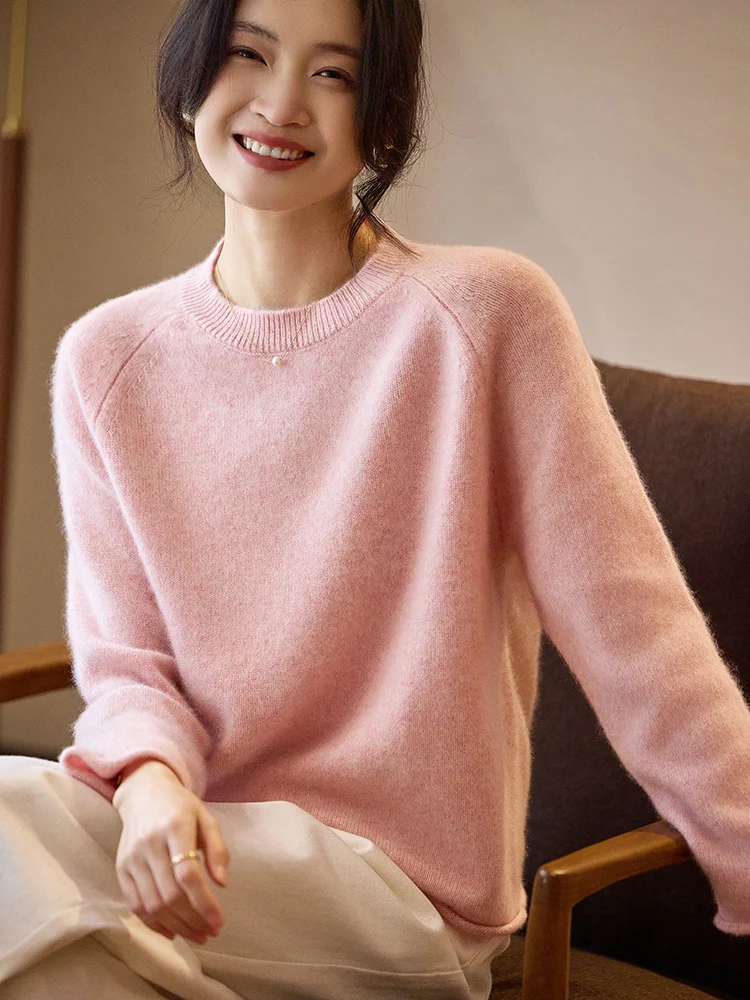 TLOML Nowy Damski Sweter z Długim Rękawem Jesienno-Zimowy 100% Wełna Merino Dekolt Okrągły Kaszmirowy Sweter Dzianinowy Miękki Podstawowy Top Damski