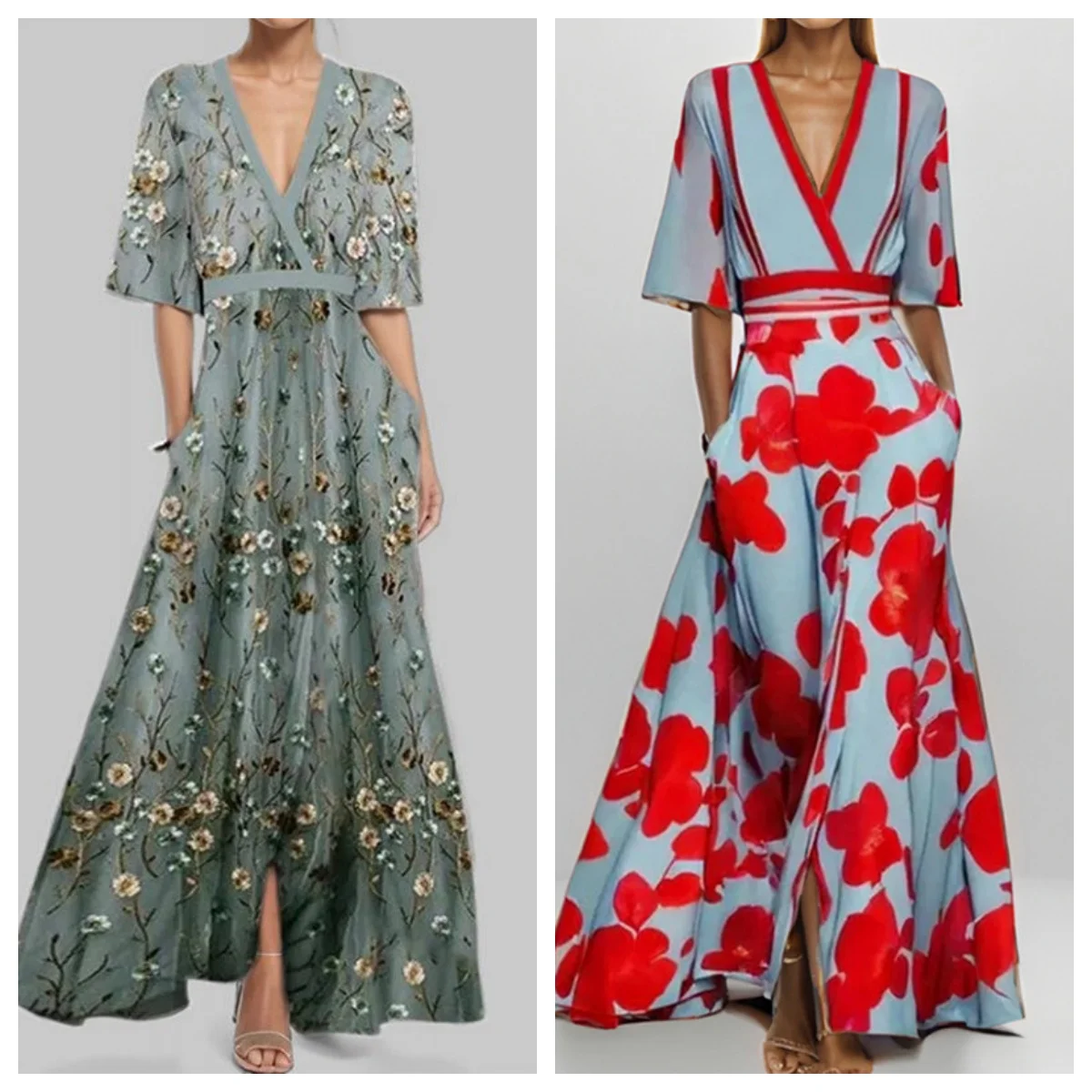 Vestido de festa floral feminino com decote em V – elegante cintura smocked e saia maxi fluida para ocasiões especiais
