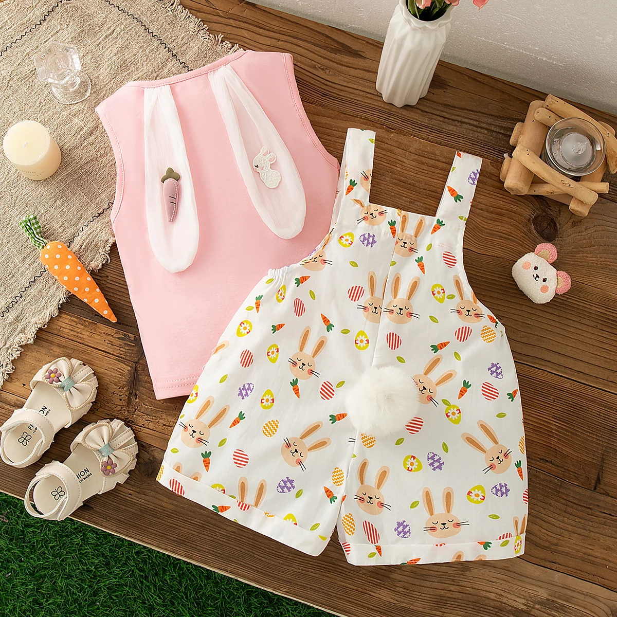 

Комплект для маленьких девочек: розовый топ без рукавов с милым принтом кролика, шорты на плечах, хлопковый костюм, летние повседневные комплекты для прогулок для ребенка