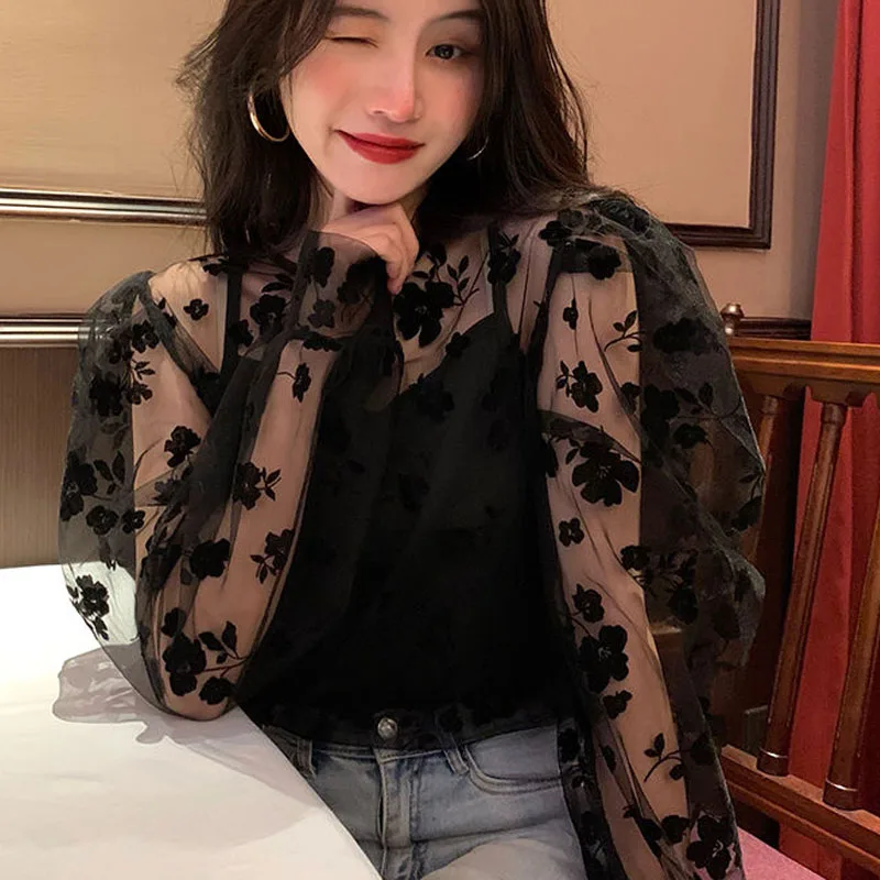 Spring Women New 2024 French Net Yarn Long Sleeved Design Niche Tops Hollow Out Loose Temperament Perspective Printing Shirt