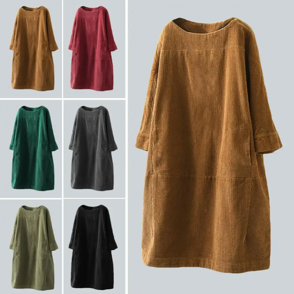 Solid Color Casual Dress Loose Women Midi Dress Autumn Winter Warm Pockets Corduroy Midi Dress