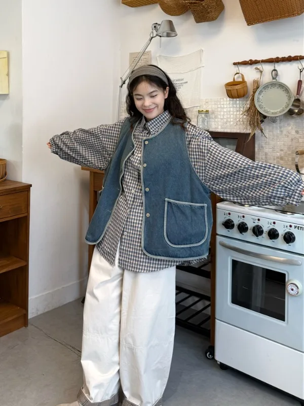 

plus Size Women's Vintage Japanese Plaid Long Sve irt Vest Top Casual Bot Set High Waist Loose Fit Autumn Faion