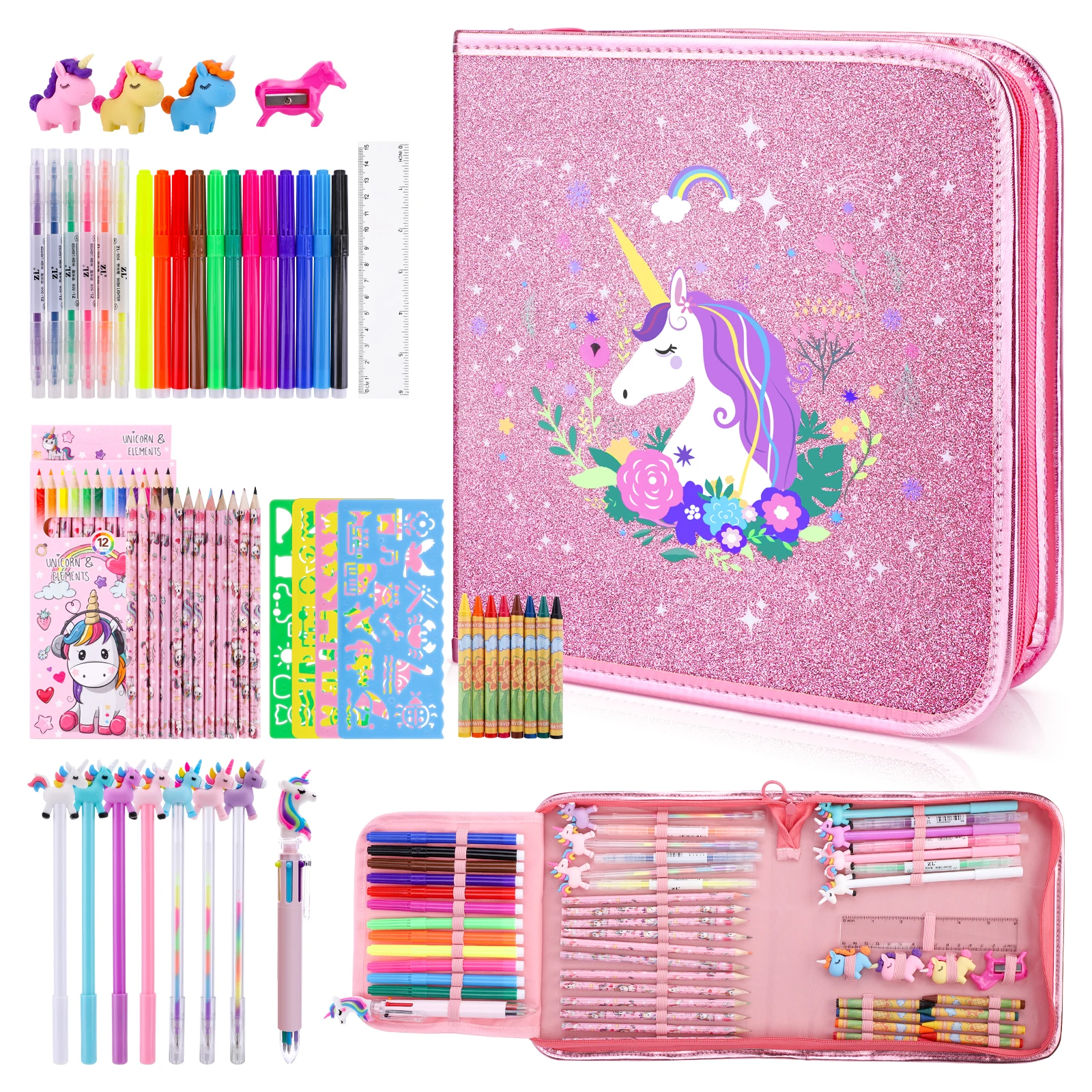 

56 Pcs Children Drawing Set Unciorn Colored Pencils Markers Crayons Painting Tool Art Supplies Pencil Case Stationery Kids Gift