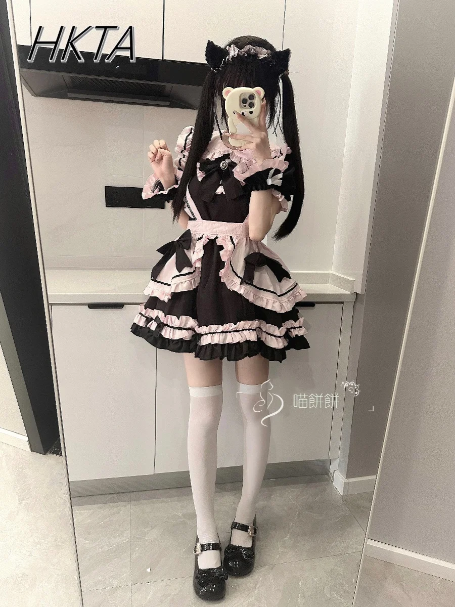 

Japanese Sweet Cute Black Pink Dresses Women Spring Summer Kawaii Bubble Sleeves Doll Collar Pleated High Waist Bow Short Dress