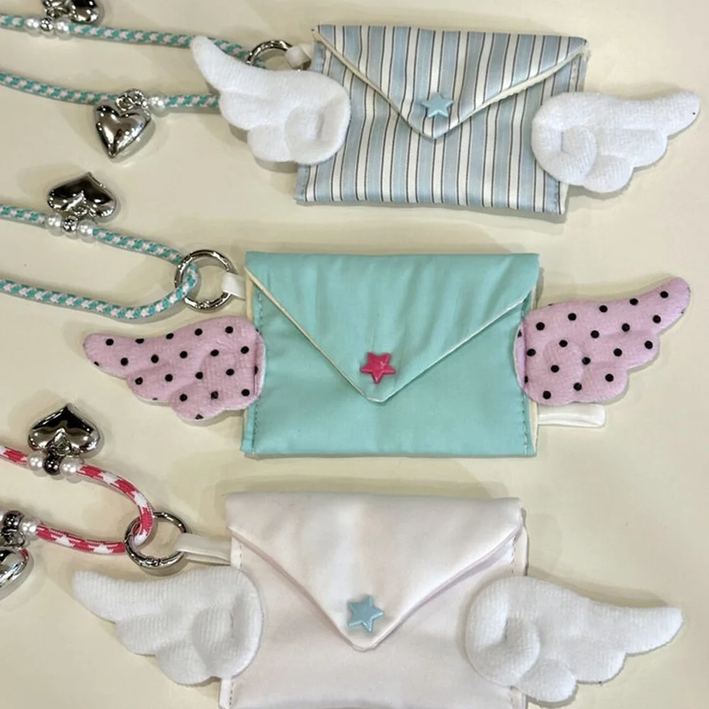 Y2K Angel Wings Wallet Cute Mini Purse Long Lanyard Coin Purse Multifunctional Headphones Organizer Hanging Crossbody Bag Gift