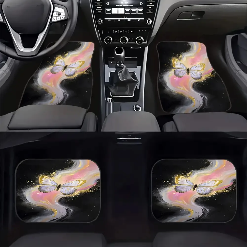

4pcs Luxury Car Floor Mats Set With Glittering Golden Marble & Pastel Pink/Black/Purple/White/Golden Butterfly Design - All-Weat