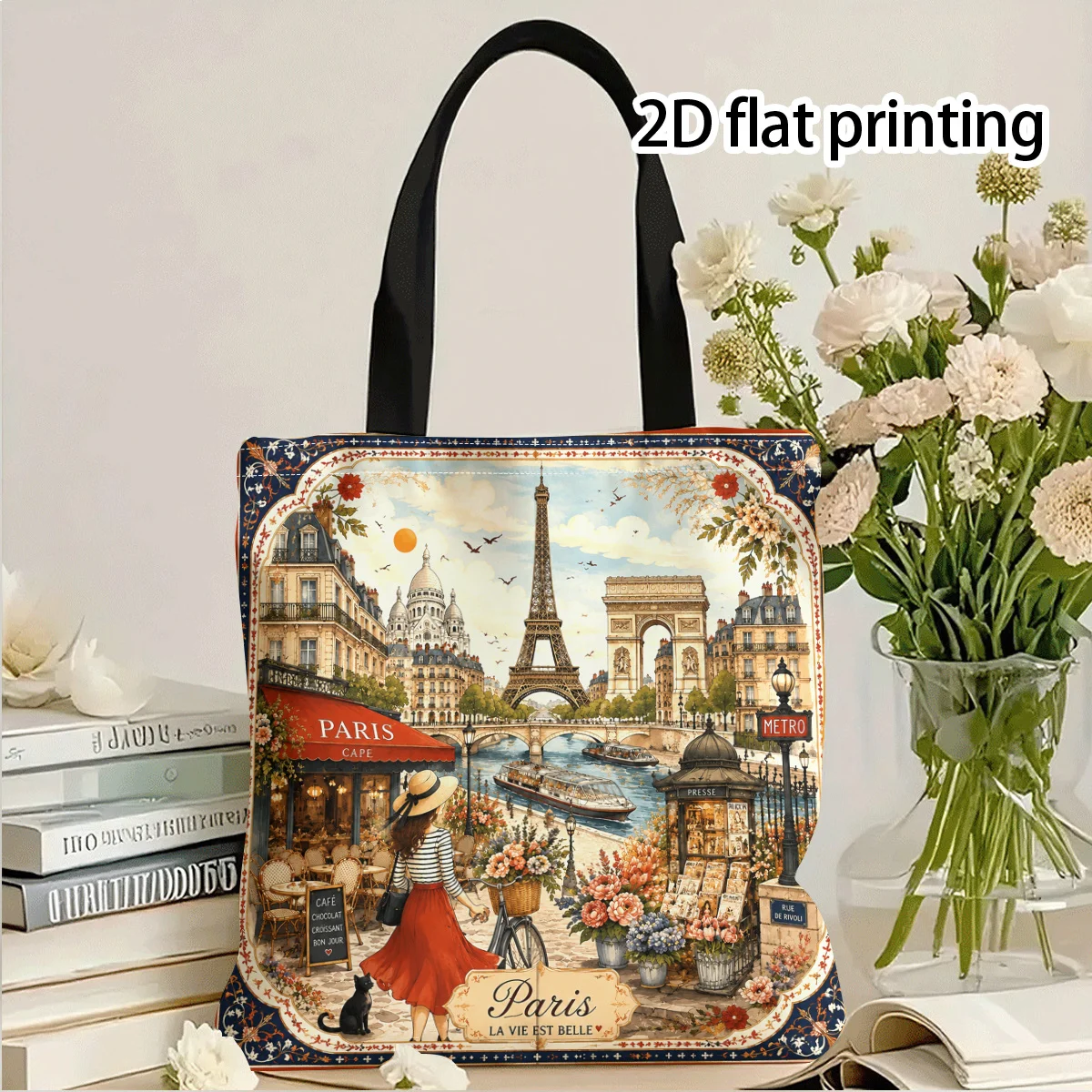Paris France Tote Bag  French Landmark Print Shoulder Bag with Eiffel Tower & Iconic Parisian Scenery for Shopping Daily Use