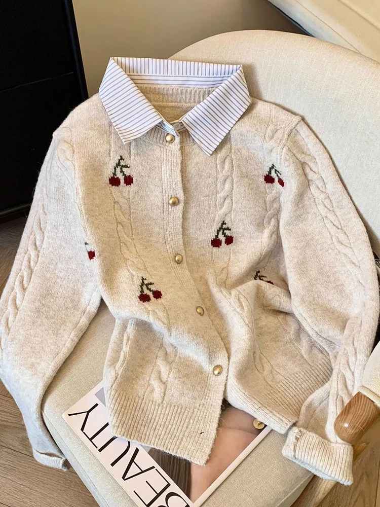 Korean Style Embroidered Shirt Collar Open Cardigan Women's Knitted Sweater Jacket Single Button Short Design Spring Autumn N...