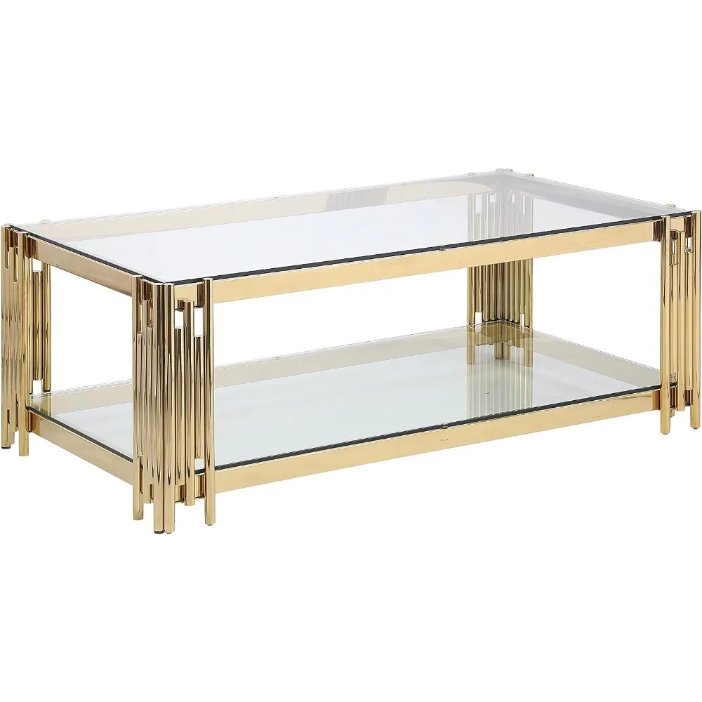 

48" Modern 2-Tier Coffee Table - Rectangular Tempered Glass Top with Gold Mirrored Stainless Steel Base & Storage Shelf