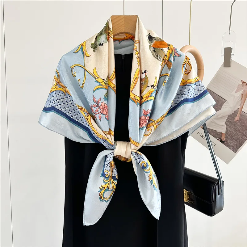 Brand Design Women Fashion Double Side Print Silk Scarves 90*90cm Flower Jacquard Lady Silk Scarf for Head