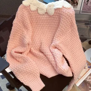 Jmprs-Suéter doce kawaii feminino, gola Peter Pan, tops de malha japonesa, manga comprida solta, pulôver casual, fofo, moda outono 10 principais vendas sueter gola peter pan - №9