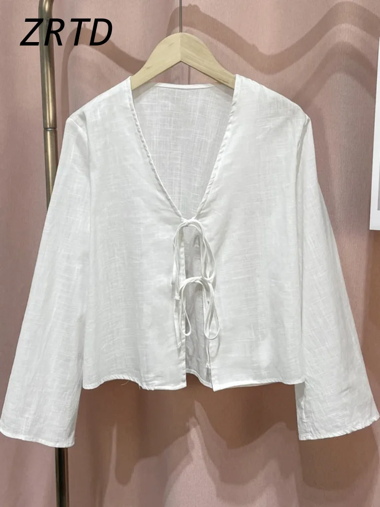 Chemise blanche à lacets à col en V pour femmes, chemisiers à manches longues, vêtements d\'extérieur décontractés pour femmes, chic, bureau, mode,