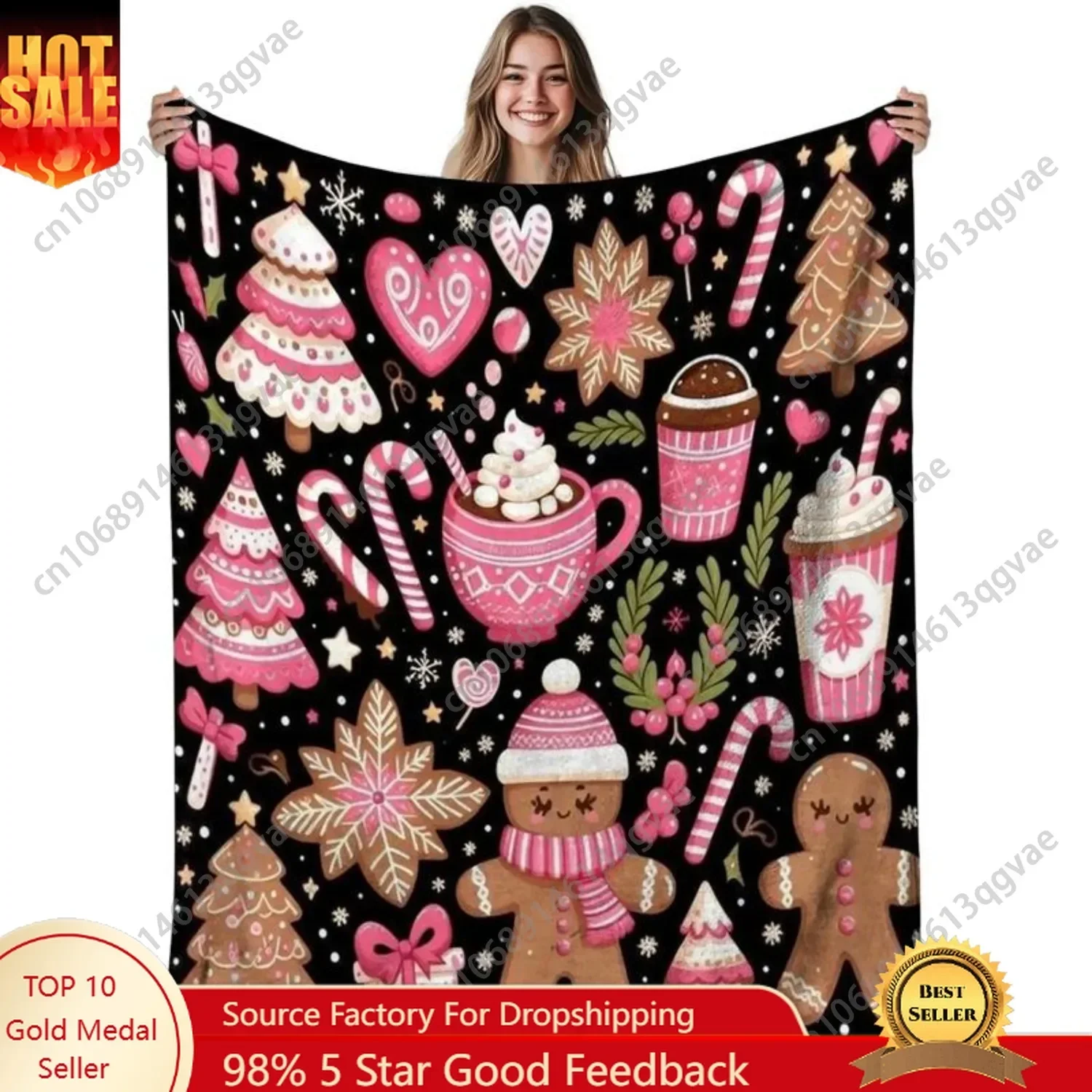Christmas Dessert Flannel Blanket Gingerbread Man Candy Cane and Hot Cocoa Patterns Pink and Black Soft Warm All-Sea