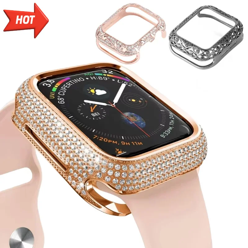 

Роскошный чехол с бриллиантами для Apple Watch, чехол 45 мм, 41 мм, 44 мм, 40 мм, серия 9, 8 7 6 5 4 3 SE, защитный чехол с бриллиантами, аксессуары для iWatch
