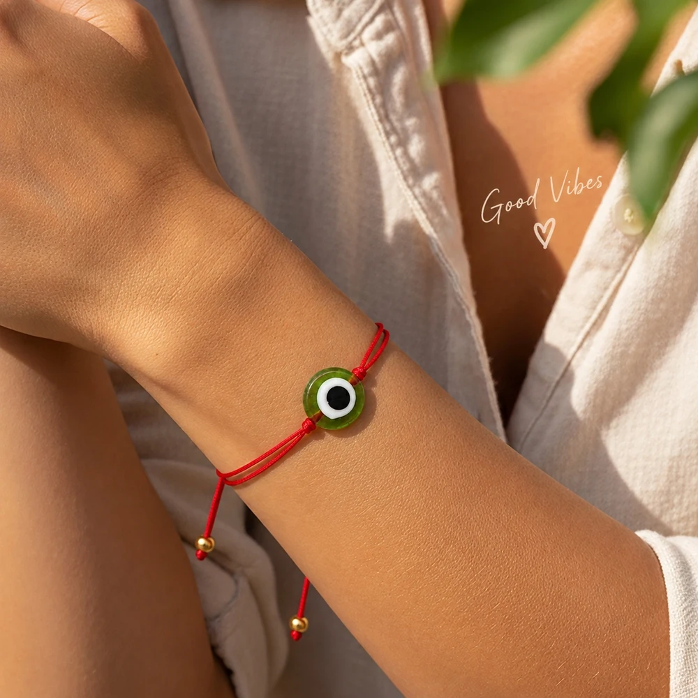 1pc Round Green White Black Eye Glass Bead Red Cord Adjustable Lace-Up Strand Bracelet Classic Unisex Jewelry