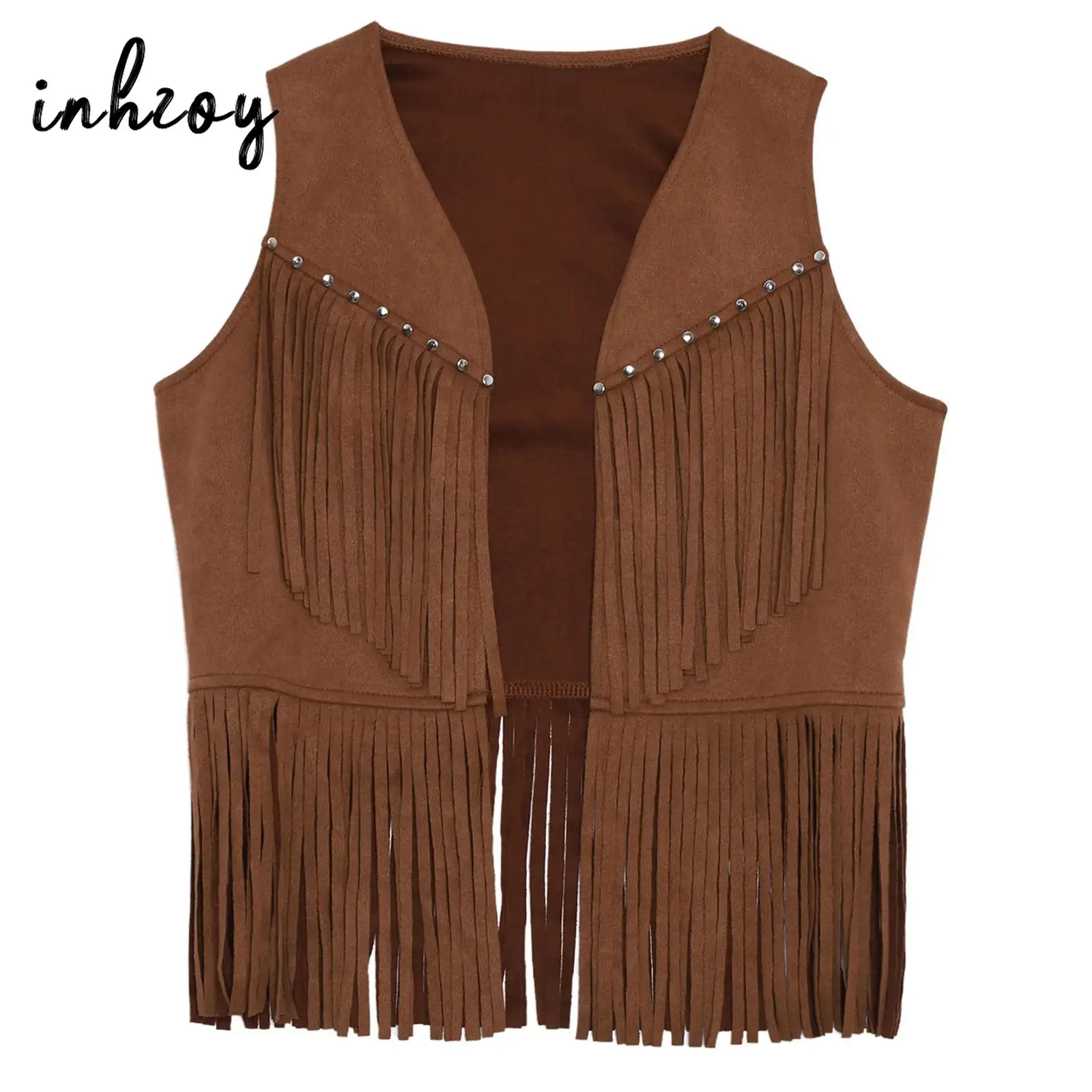 

Cowgirls Western Redeo Dance Costume Faux Suede Sleeveless Tassel Waistcoat Retro Hippies Fringe Vest Top Mini Jacket