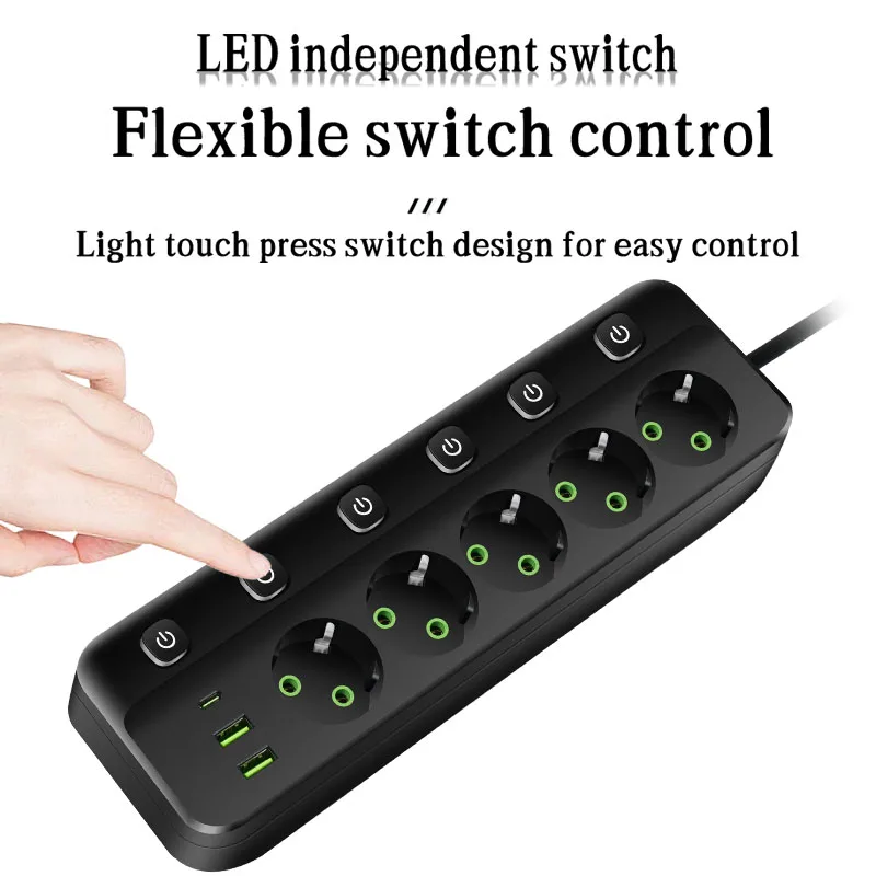 الاتحاد الأوروبي التوصيل قطاع الطاقة مع 3/5 منافذ التيار المتناوب + 2 منافذ USB + 1 نوع C 6/8 في 1 التوصيل محول مأخذ التوصيل 2 متر مقبس كهربائي للمكتب المنزلي