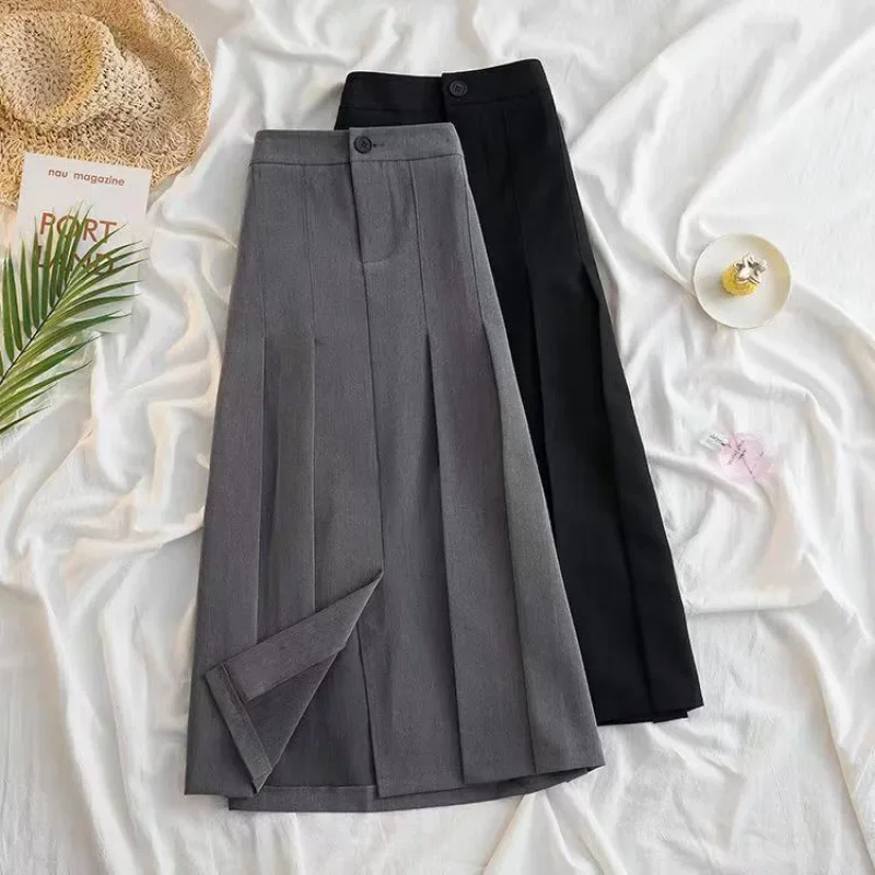 Black Gray Pleated Long Skirt for Women 2023 Spring Japanese Style High-Waist Skirts Woman Office Streetwear Midi Skirt