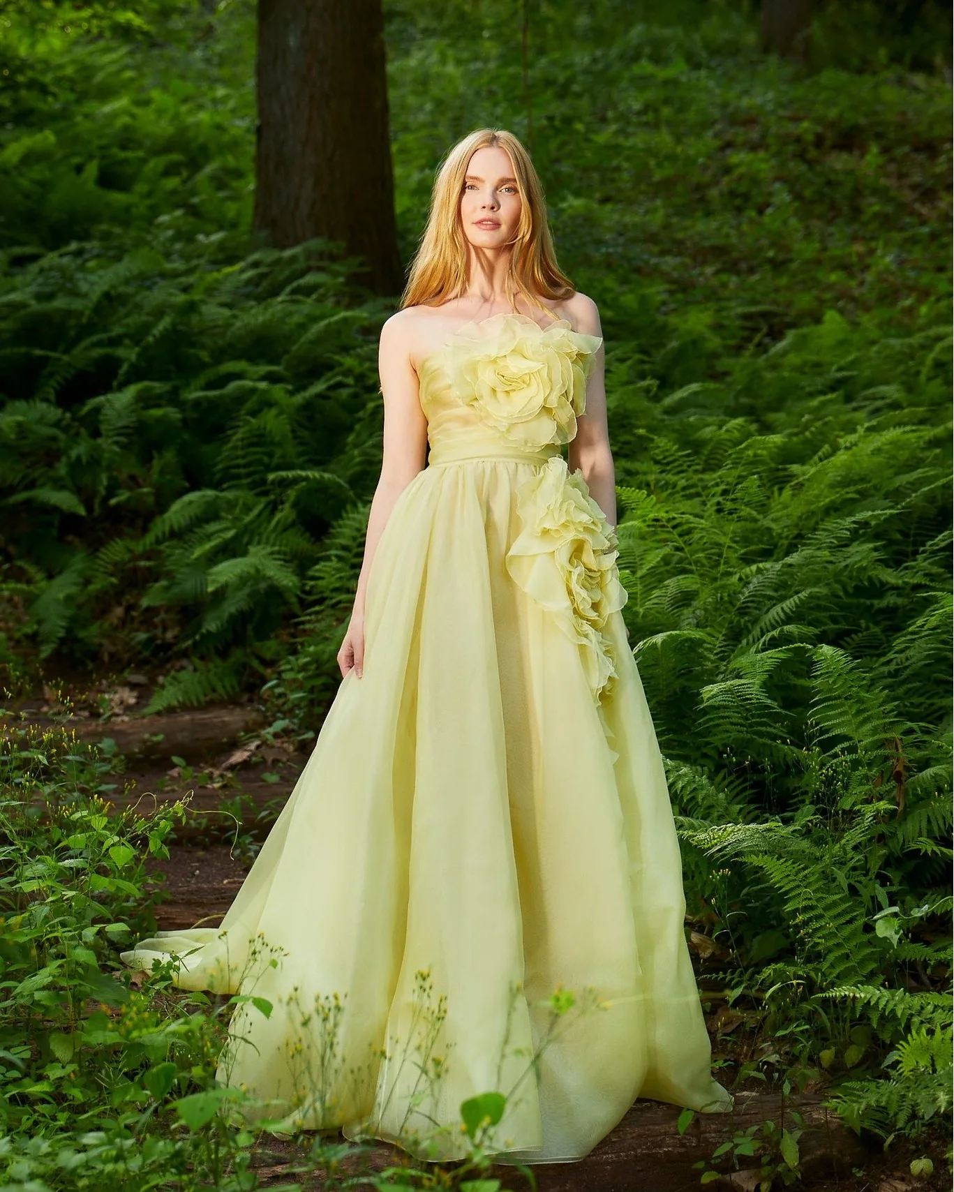 Pretty Garden Yellow Floral Tulle Long Women Maxi Dresses Strapless 3D Flower A-line Tutu Tulle Wedding Bridal Gowns