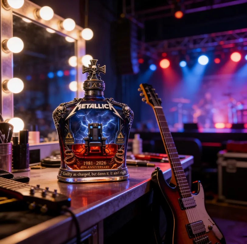 Metallica 45th Anniversary Limited Edition Whiskey Decanter - Rock Band Collectible Glass Bottle with Skull Cross Decor  Gift