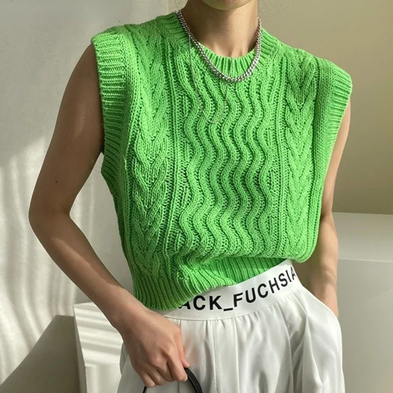 2023 New Spring Autunm Women Sweaters Waistcoat Sleeveless Chic Sweet Korean Style Knitted Vintage Wild Lady Short Vests Green