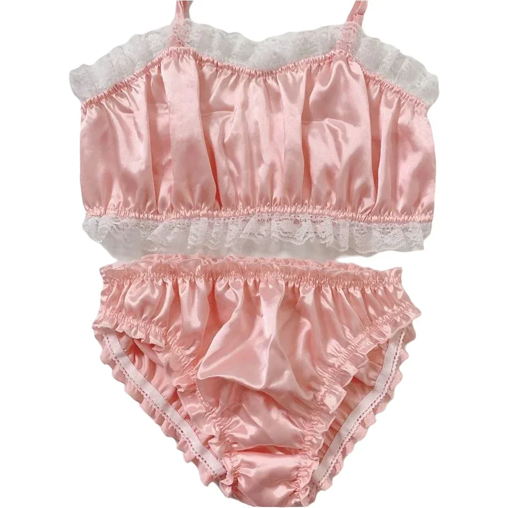 

Sexy Lace Satin Underwear Bralette Men Set Lolita Cross Dresser Bikini Party Lingerie Sissy Lace Ruffled Bra Thong Panties﻿