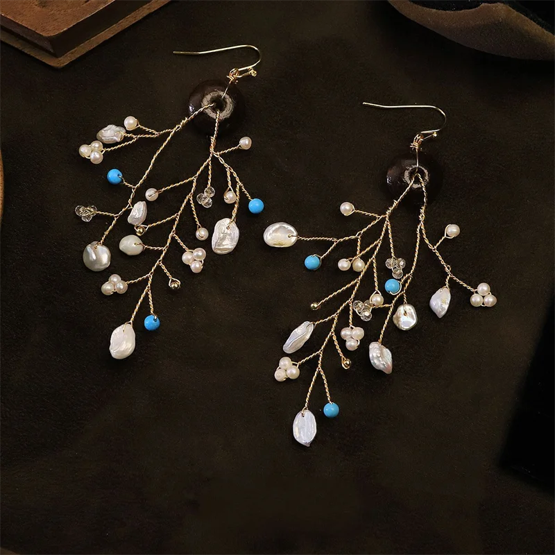 Handmade Wire Wrapped Wood Turquoise Baroque Pearl Long Tassel Dangle Earrings For Women Original Design Statement Jewelry Gifts