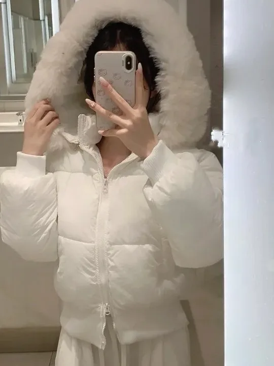 سترة قطنية قصيرة سميكة على الطراز الكوري للنساء، أنيقة ومتعددة الاستخدامات مع سحاب مزدوج وياقة فرو وغطاء للرأس وحزام خصر #1