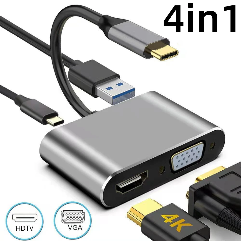 

4In1 USB C Docking Station Hub Thunderbolt3 Type-C To 4K HDMI-compatible/VGA/USB 3.0 Converter with PD Charing for Macbook Pro