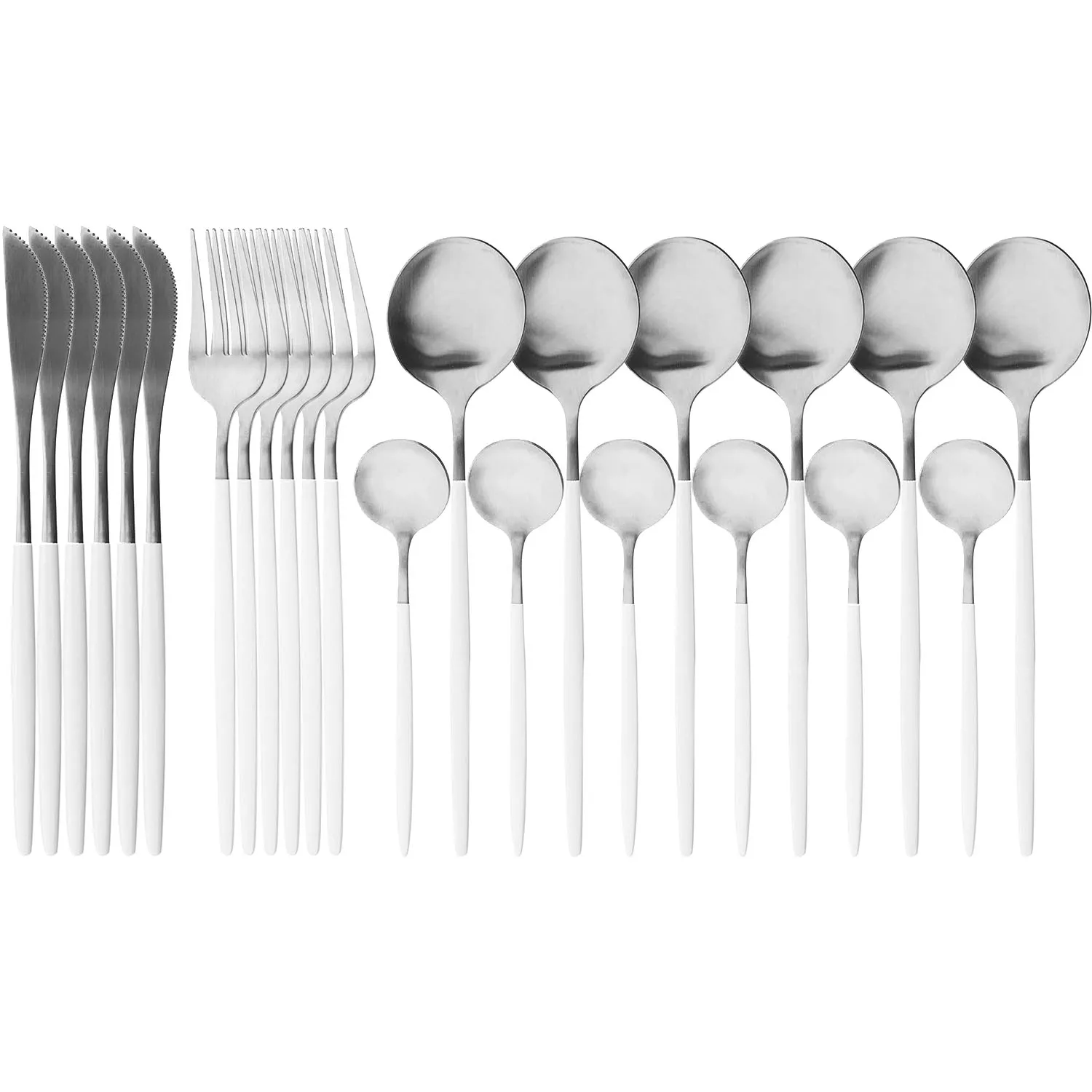 24Pcs White Cutlery Set Black Silver Dinnerware Stainless Steel Flatware Set Knife Fork Spoon  Silverware Dinner Tableware Set