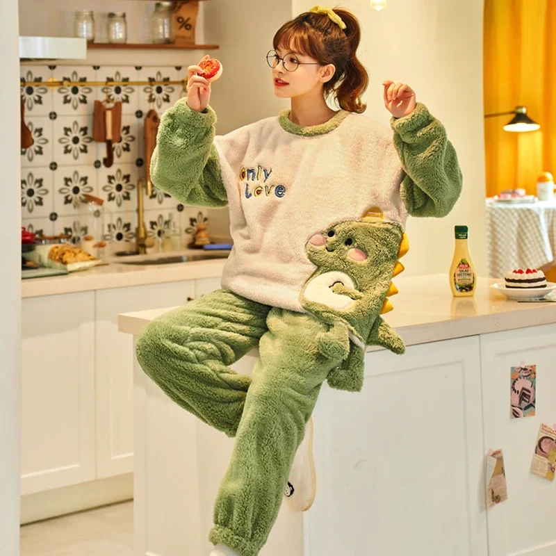 Couples Pajamas Women Men Sleepwear Winter Thicken Suit Cartoon dinosaur Pijamas Sets Soft Warm Korean Pyjama Femme Lovers Set