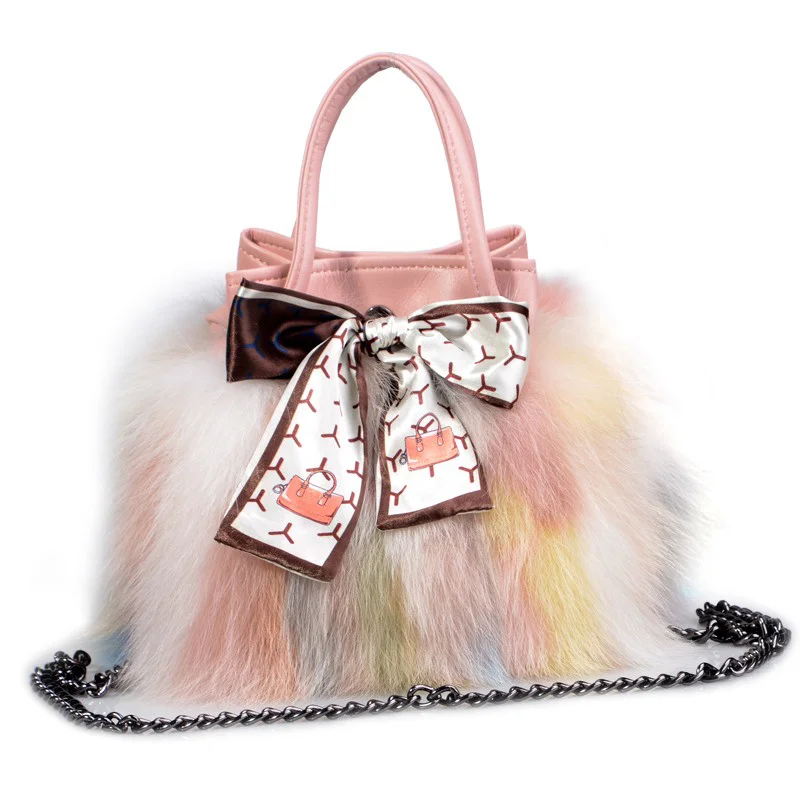 New Fashion Ladies Fox Hair Bucket Bag High-end Leather Large Capacity Shoulder Bag Elegant Dinner Tote Fur Bag 2023