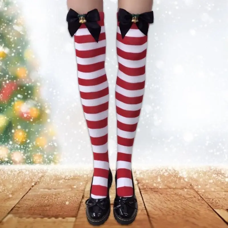 195E Sweet Bowknot Striped Over Knee Socks for Women Christmas Festivals Thigh High Long Tube Stockings Holiday Party Gift