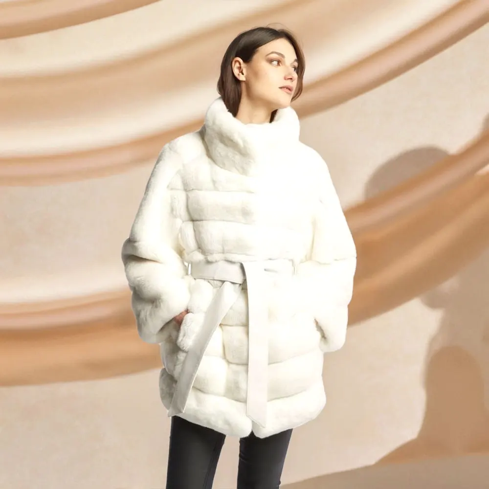 Women Real Rex Rabbit Fur White Coat Luxury Genuine Fur Stand Collared Overcoat Female Winter Elegant Warm Natural Fur Outwear