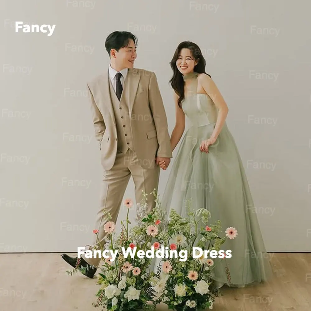 

Fancy Simple Strapless Tulle Wedding Dress Korea Photo Shoot A Line Sleeveless Bridal Gown Back Corset Neck Shawl Customized