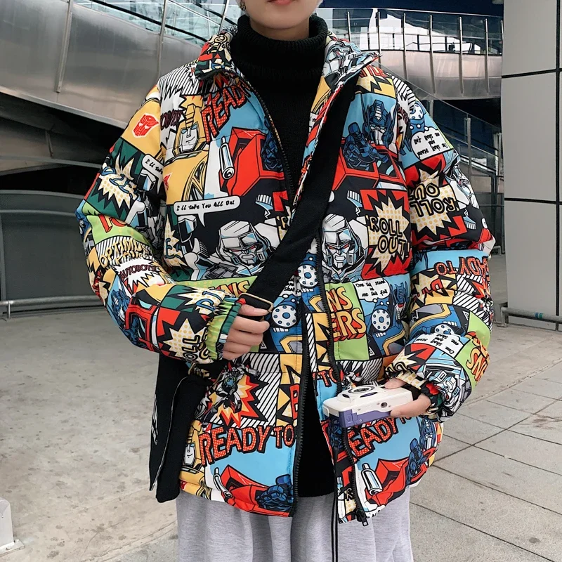 Hip Hop Graffiti Cartoon Druck Parkas Mäntel Männer Streetwear Harajuku Herren Winter verdicken warmen Reiß verschluss Baumwolle gepolsterte Jacke Frauen