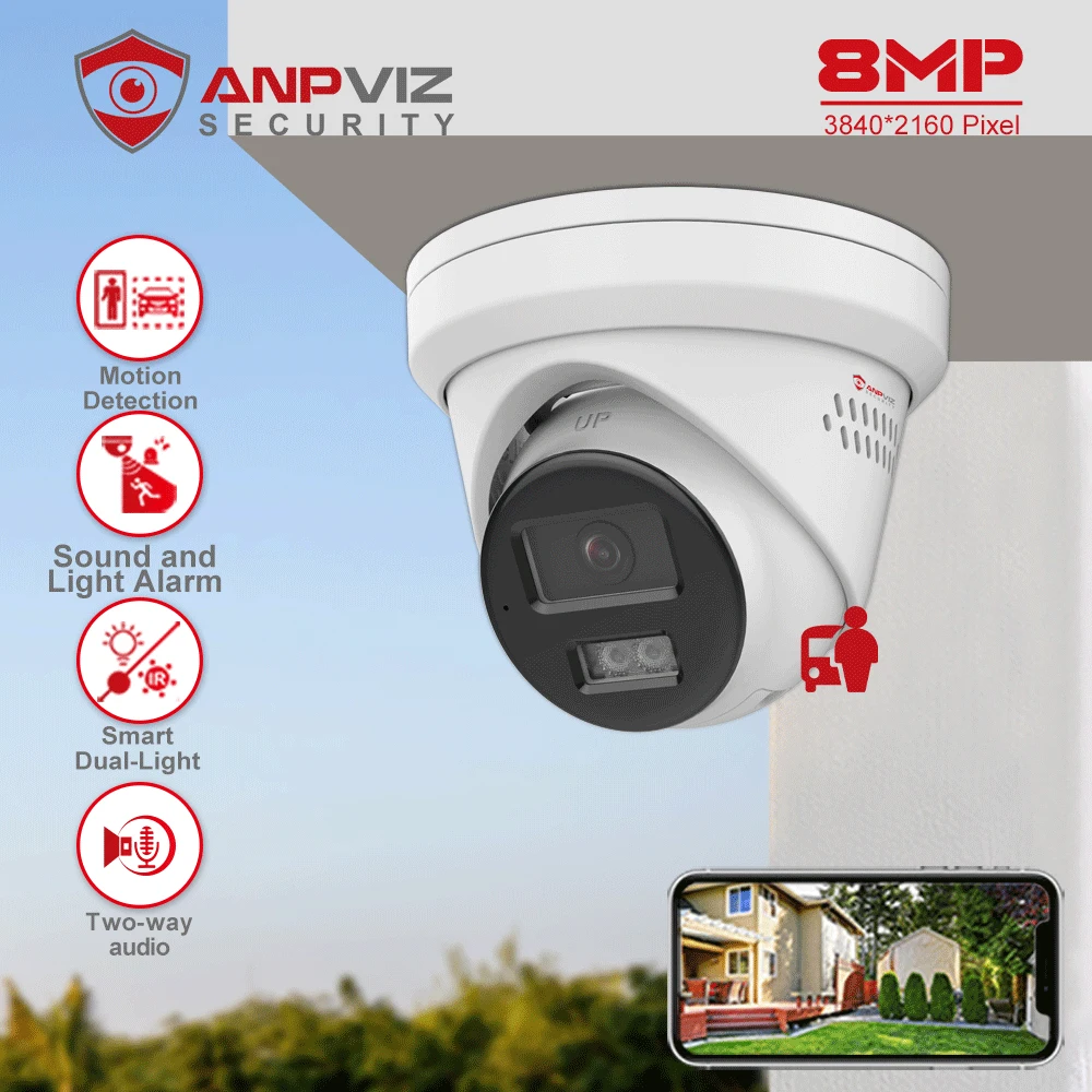 Anpviz 8MP POE IP Turret Camera Outdoor Smart Dual Light Video Surveillance IP67  People/Vehicle Detection Sound and light alarm