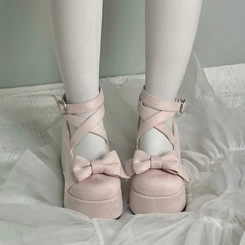 Elegant Fashion Lolita Round Toe Women High-Heeled Shoes Spring and Autumn Sweet Solid Color Velvet Cross Strap Bow High Heels
