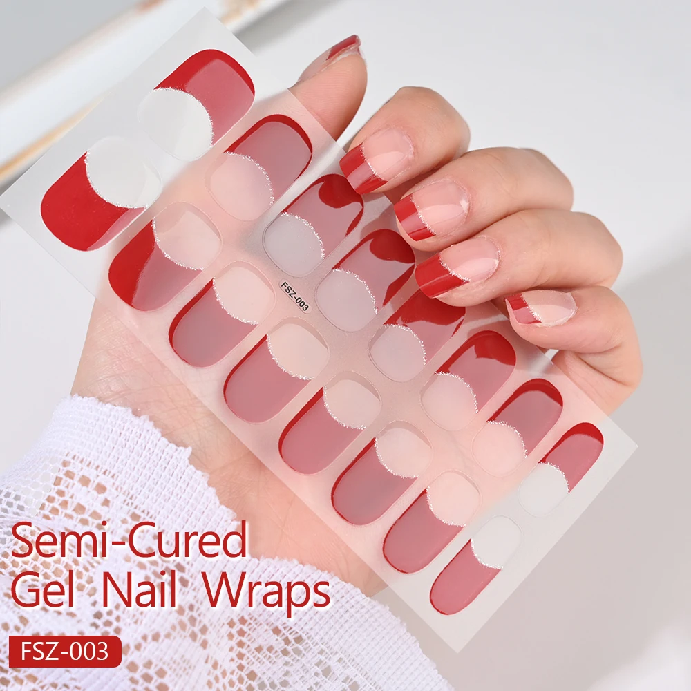 16TIPS French Nail Tips UV Semi Cured Nail Art Strips Red Adhesive Full Wrap Gel Waterproof Nail Wrap Super Easy Decal Tips