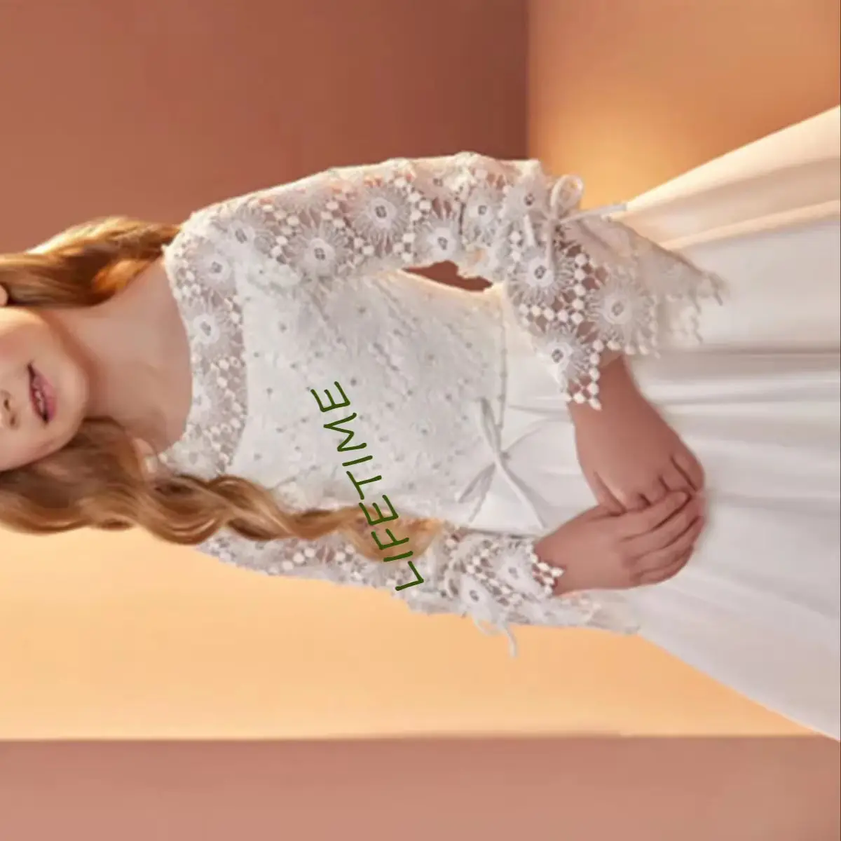 

Customized Elegant Satin Flower Girl Dress For Wedding Lace Beaded Applique Full Sleeve Child First Princess Eucharist Birthday