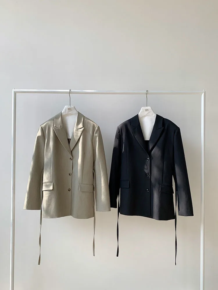 TLXT 여성 캐주얼 Balzer 노치 긴 소매 솔리드 싱글 브레스트 레이스 업 수집 허리 자켓 2025 봄 신상품 26Z1428